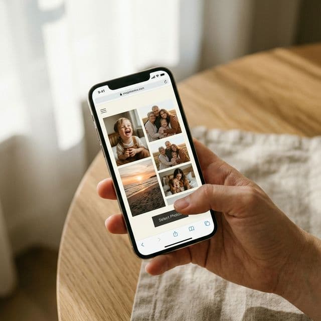 Pessoa selecionando fotos no celular para upload